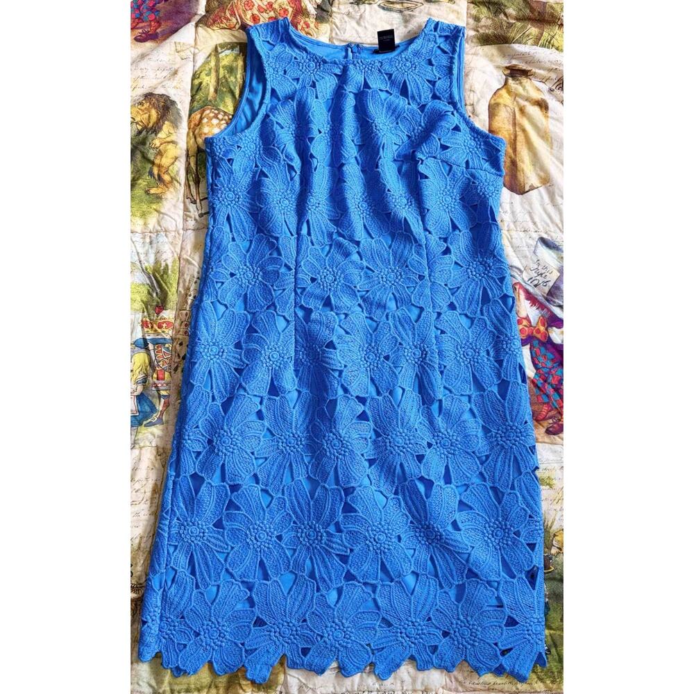 Ann Taylor Petite 10P Blue Daisy Floral Lace Sheath Dress Tank Sleeveless - Picture 3 of 15